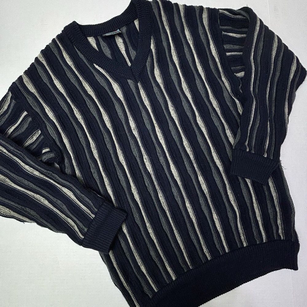 Far Horizons Blue 90s Crew Neck Wool Sweater LARGE 3D Knit Australia Hip Hop EUC